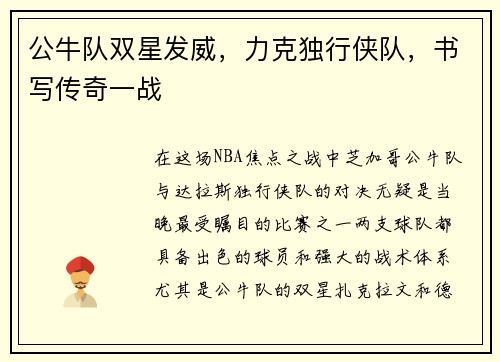 公牛队双星发威，力克独行侠队，书写传奇一战